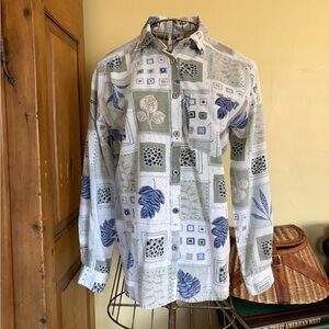 VINTAGE Tapestry Spring Leaves Patterned Button-Up Shirt Roll Tab Sleeves